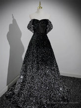 A-Line Velvet Sequin Long Black Prom Dress, Black Long Evening Dress