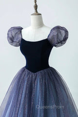 A-Line Velvet Tulle Long Evening Prom Dress, Cute Short Sleeve Evening Party Dress