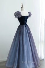 A-Line Velvet Tulle Long Evening Prom Dress, Cute Short Sleeve Evening Party Dress