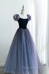 A-Line Velvet Tulle Long Evening Prom Dress, Cute Short Sleeve Evening Party Dress