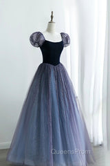 A-Line Velvet Tulle Long Evening Prom Dress, Cute Short Sleeve Evening Party Dress