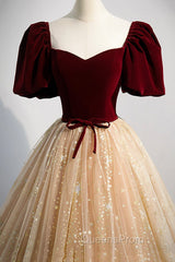 A-Line Velvet Tulle Long Evening Prom Dress, Lovely Short Sleeve Graduation Dress