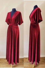 A-Line Velvet V-Neck Formal Dress Long Bridesmaid Dress