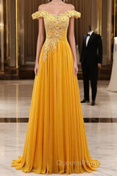 A-Line Wedding Guest Dress Floral Dress Evening Prom Wedding Party Sweep / Brush Train Sleeveless Off Shoulder Chiffon With Appliques