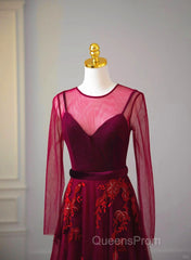 A-Line Wine Red Velvet And Tulle Long Party Dress, Wine Red Evening Dress Evening Prom Dress