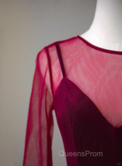 A-Line Wine Red Velvet And Tulle Long Party Dress, Wine Red Evening Dress Evening Prom Dress