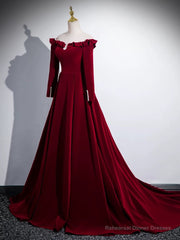 A-line Wine Red Velvet Long Sleeves Low Back Prom Dress, Wine Red Party Dress