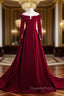 A-line Wine Red Velvet Long Sleeves Low Back Evening Prom Dress, Wine Red Party Dress