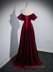 A-Line Wine Red Velvet Sweetheart Wedding Party Dress, Wine Red Velvet Evening Prom Dress