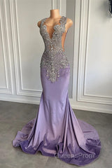 Lilac Mermaid Evening Prom Dress with Scoop Neckline Sleeveless and Crystal Beadings