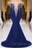 Deep V-neck Shiny Royal Blue Long sleeves Mermaid Semi Formal Prom Dresses