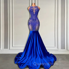 Sleeveless Royal Blue Scoop Neck Mermaid Evening Prom Dress with Beadings