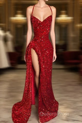 Red Sequins Evening Prom Dress with Slit Shiny Floor-Length Party Dress