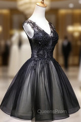 Adorable Black V-neckline Lace and Tulle Party Dress, Short Evening Prom Dress