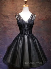 Adorable Black V-neckline Lace and Tulle Party Dress, Short Evening Prom Dress