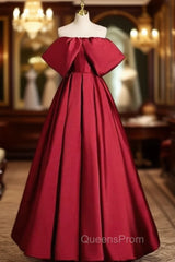 Adorable Burgundy Satin Off the Shoulder Evening Prom Dress