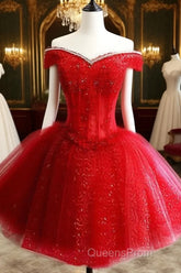 Adorable Red Sweetheart Shiny Tulle Off Shoulder Short Homecoming Dress, Red Party Dress