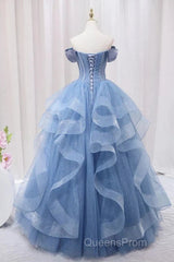 Adult Dress A-Line Blue Sheer Long Ball Dress Blue Sweet Dress Off Shoulder Evening Prom Dress