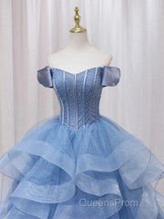 Adult Dress A-Line Blue Sheer Long Ball Dress Blue Sweet Dress Off Shoulder Evening Prom Dress