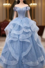 Adult Dress A-Line Blue Sheer Long Ball Dress Blue Sweet Dress Off Shoulder Evening Prom Dress
