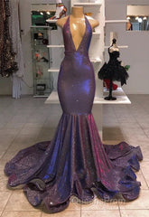 Chic Deep V-Neck Sleeveless Evening Prom Dress New Arrival Halter Memaiad Sequins Evening Gowns