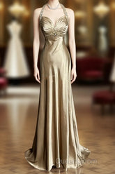 Aesthetic A Line Halter Neckline Champagne Satin Evening Prom Dress Ruffle Long Party Dress