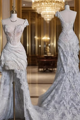 Aesthetic High Low One Shoulder Lace White Long Wedding Dress