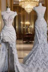 Aesthetic High Low One Shoulder Lace White Long Wedding Dress