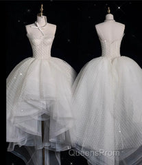 Aesthetic High Low Strapless Tulle White Long Wedding Dress