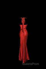 Aesthetic Mermaid Halter Neckline Red Satin Evening Prom Dress Ruffle Long Party Dress