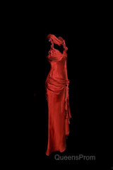 Aesthetic Mermaid Halter Neckline Red Satin Evening Prom Dress Ruffle Long Party Dress