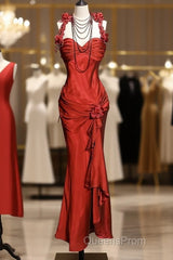 Aesthetic Mermaid Halter Neckline Red Satin Evening Prom Dress Ruffle Long Party Dress