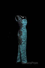 Aesthetic Mermaid Square Neckline Blue Taffeta Evening Prom Dress Ruffle Long Party Dress