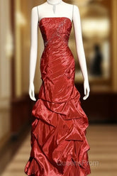 Aesthetic Mermaid Strapless Neckline Red Taffeta Evening Prom Dress Ruffle Long Party Dress