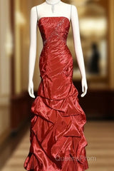 Aesthetic Mermaid Strapless Neckline Red Taffeta Evening Prom Dress Ruffle Long Party Dress