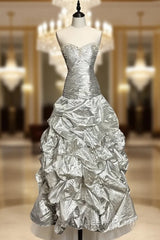 Aesthetic Mermaid Sweetheart Neckline Gray Taffeta Evening Prom Dress Ruffle Long Party Dress
