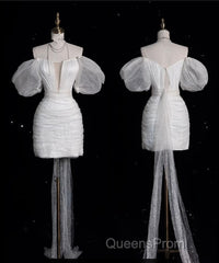 Aesthetic Sheath Off The Shoulder White Sequin Short Wedding Dress Brides Dress