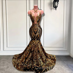 Long Sleeveless Mermaid Evening Prom Dress with Gold Sequins
