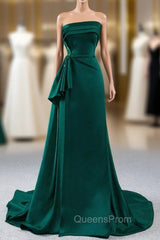 Affordable A-Line Dark Green Satin Strapless Pleats Beading Evening Prom Dress