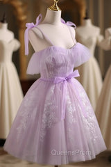 Aline Lace Short Purple Evening Prom Dress, Puffy Purple Homecoming Dress