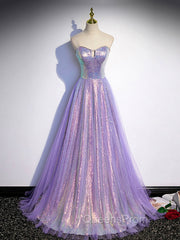 Aline Purple Sweetheart Neck Tulle Long Evening Prom Dress, Purple Evening Dress
