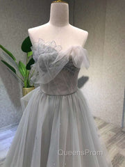 A line Tea Length Gray Evening Prom Dress, Gray Tulle Homecoming Dress