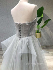 A line Tea Length Gray Evening Prom Dress, Gray Tulle Homecoming Dress