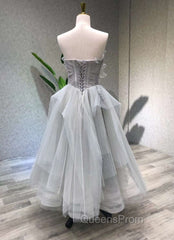 A line Tea Length Gray Evening Prom Dress, Gray Tulle Homecoming Dress