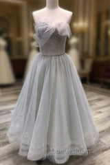 A line Tea Length Gray Evening Prom Dress, Gray Tulle Homecoming Dress