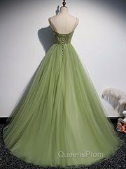 Aline Tulle Green Long Evening Prom Dress, Green Evening Graduation Dress with Beading