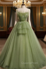 Aline Tulle Green Long Evening Prom Dress, Green Evening Graduation Dress with Beading