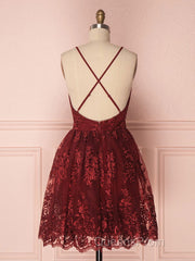 Aline v neck tulle lace short burgundy Evening Prom Dress, backless burgundy homecoming Dress