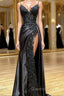 Amazing Long Black V-neck Spaghetti Straps Lace Sleeveless Evening Prom Dress Long Slit Online