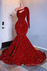 Amazing Red Long Sleeves Evening Prom Dress One-Shoulder Mermaid With Sequins